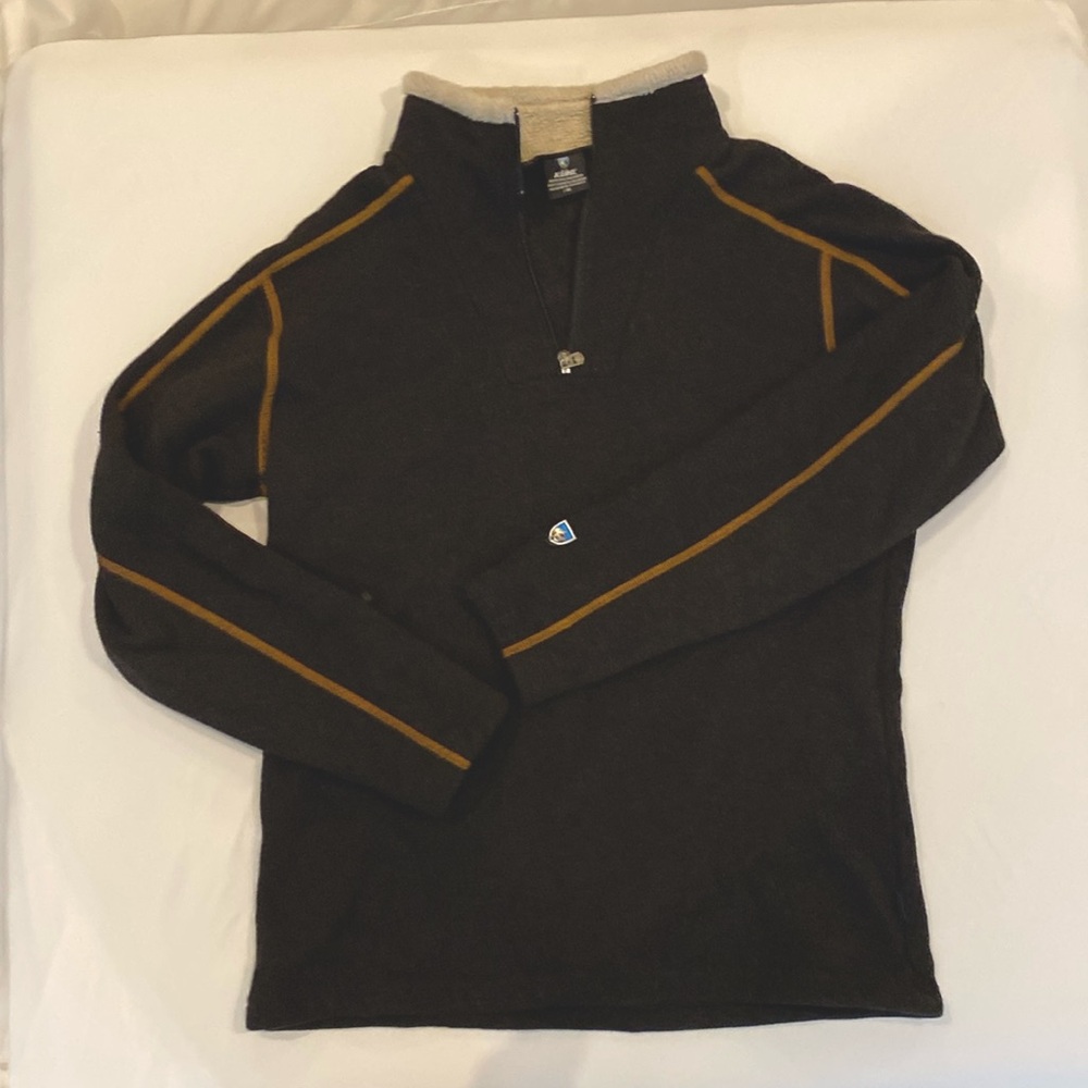 Nearly NEW, brown Kuhl 1/4  zip sweater w/ Alfpaca liner + accent stitchin